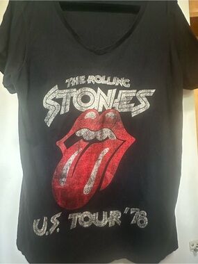 the Rolling Stones Black womens V‑Neck Tee with Red Tongue Graphic